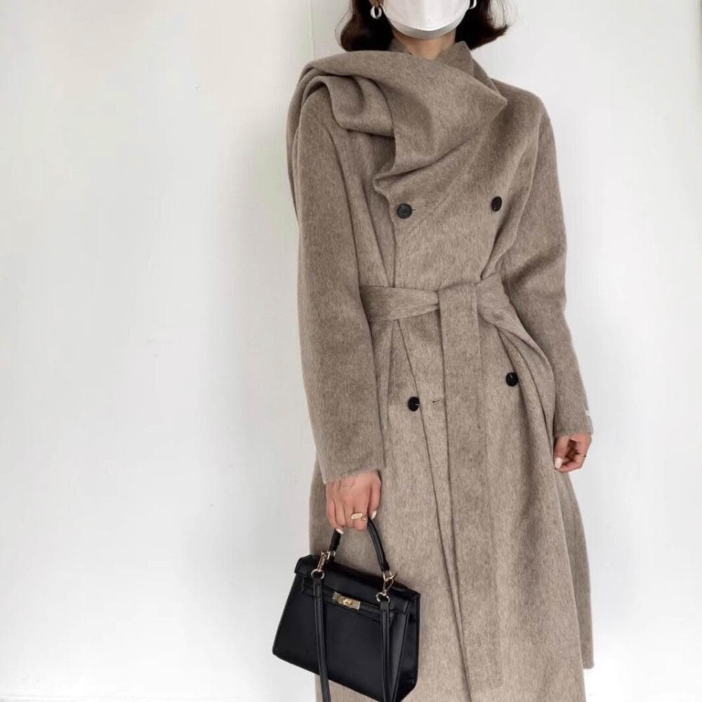 秋冬走秀設計圍巾款雙面羊毛大衣雙排扣輕奢長款外套25年女