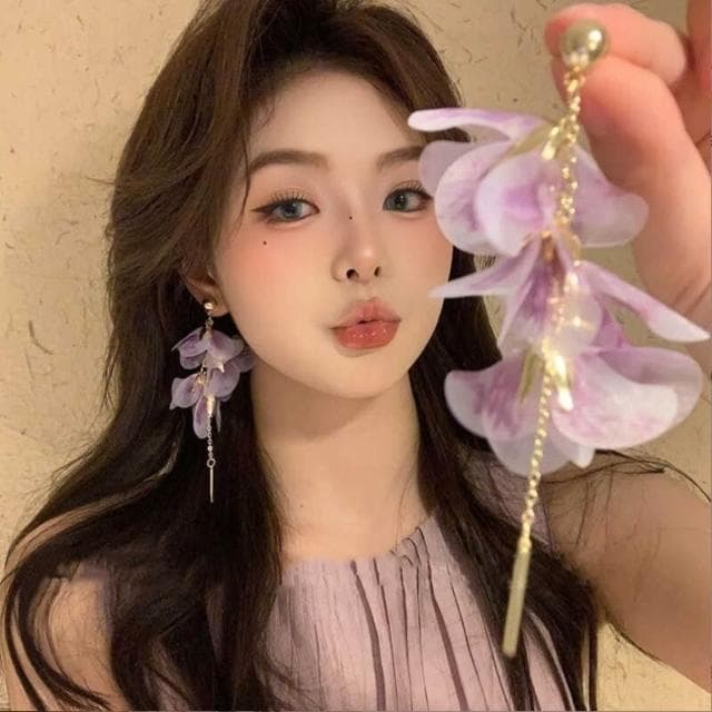  耳環氛圍感浪漫漸變紫色花瓣流蘇耳環高級感氣質耳釘女仙氣度假風耳飾輕盈精緻輕奢高級韓國不過敏看不膩超閃耳環飾品配禮服百搭