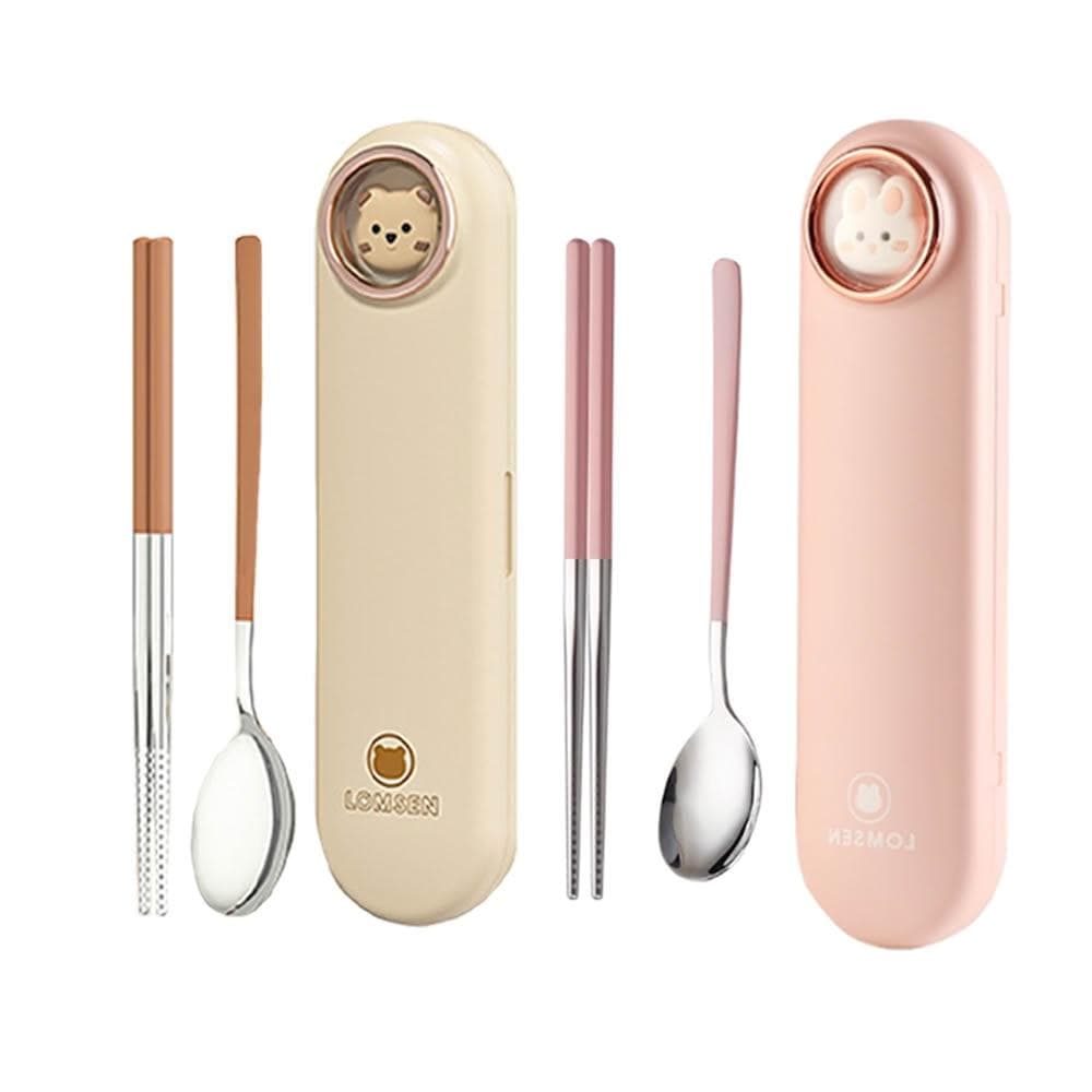 〖美佳小舖〗三件組 304不鏽鋼立體造型熊兔餐具組 (筷子+湯匙+盒子) 旅行組 方便攜帶 上班族 學生餐具 衛生環保