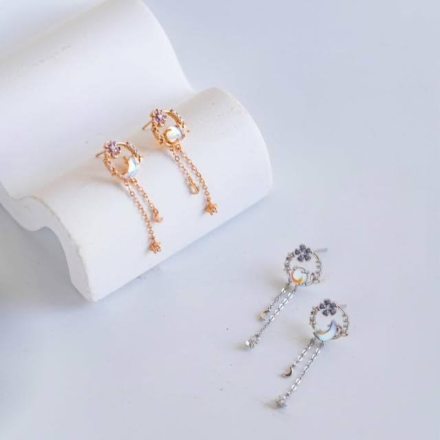【Porabella】925純銀 月光石耳釘｜花朵 月亮 流蘇設計 穿洞式耳飾｜ 穩定情緒 戀人之石不對襯耳環｜精美包裝
