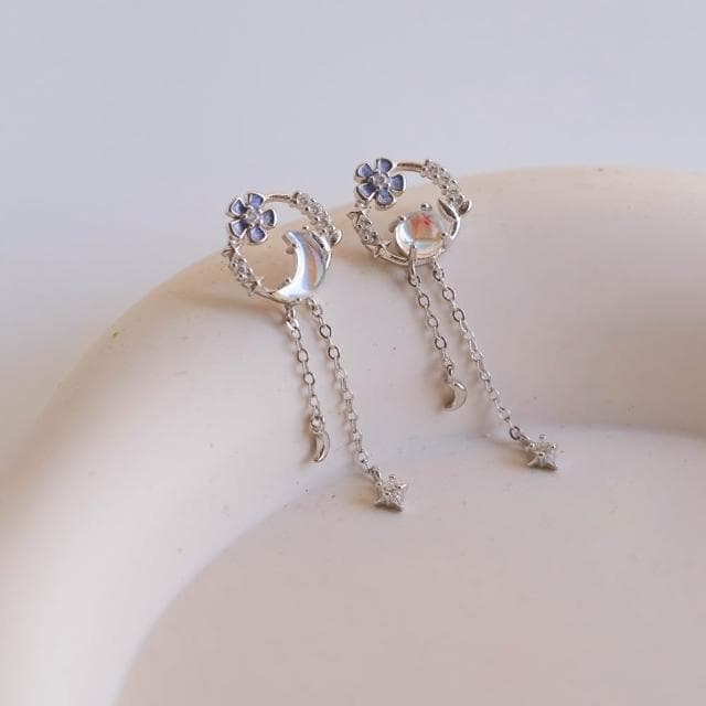 【Porabella】925純銀 月光石耳釘｜花朵 月亮 流蘇設計 穿洞式耳飾｜ 穩定情緒 戀人之石不對襯耳環｜精美包裝