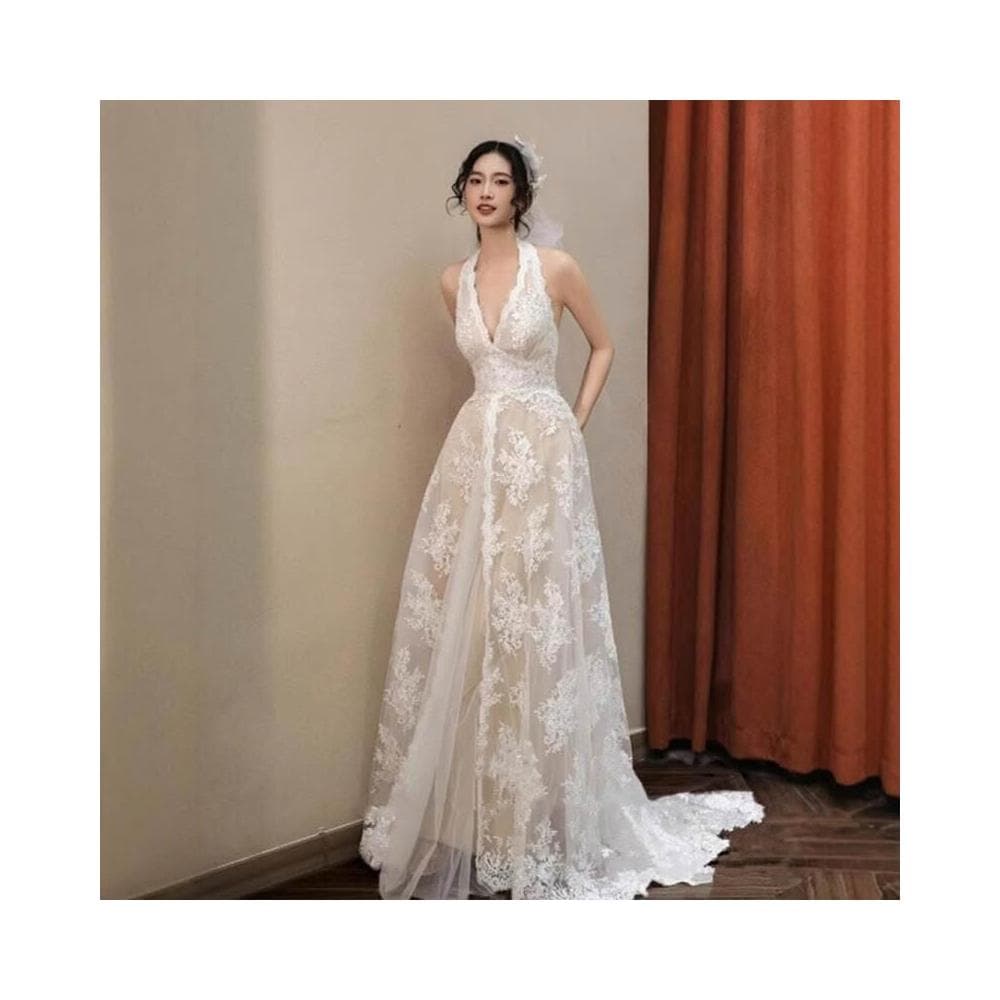 新娘婚禮晨袍晚宴生日聚會森系超仙韓式蕾絲輕婚紗高級感掛脖禮服