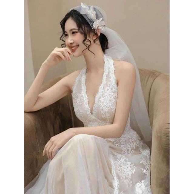 新娘婚禮晨袍晚宴生日聚會森系超仙韓式蕾絲輕婚紗高級感掛脖禮服