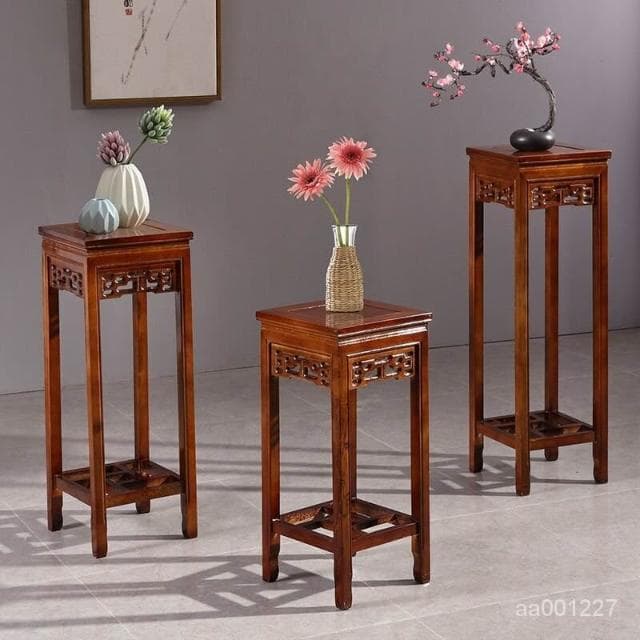 實木花架仿紅木中式傢用客廳仿古花幾室內置物架榆木盆景架子包郵展示邊桌 盆栽架 花架 植物架 CLLQ