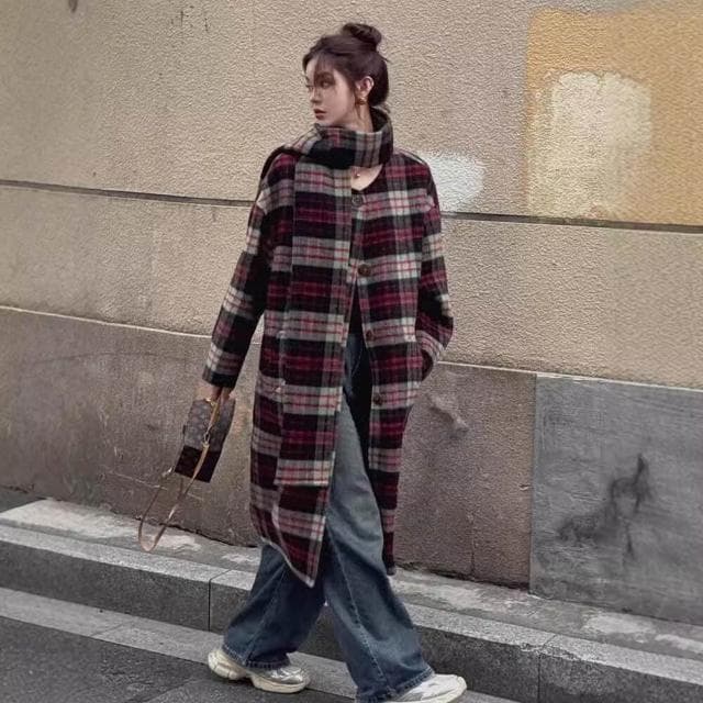 高級感韓系雙面羊毛大衣寬松格子圍巾雙面呢中長款羊毛呢子外套女