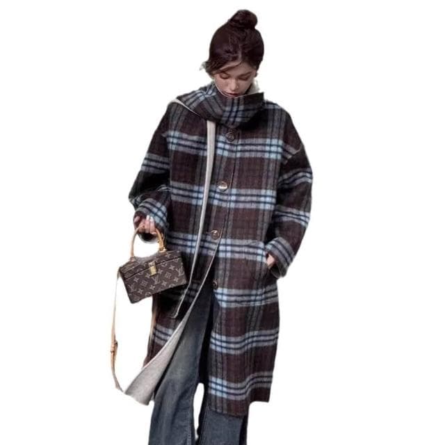 高級感韓系雙面羊毛大衣寬松格子圍巾雙面呢中長款羊毛呢子外套女