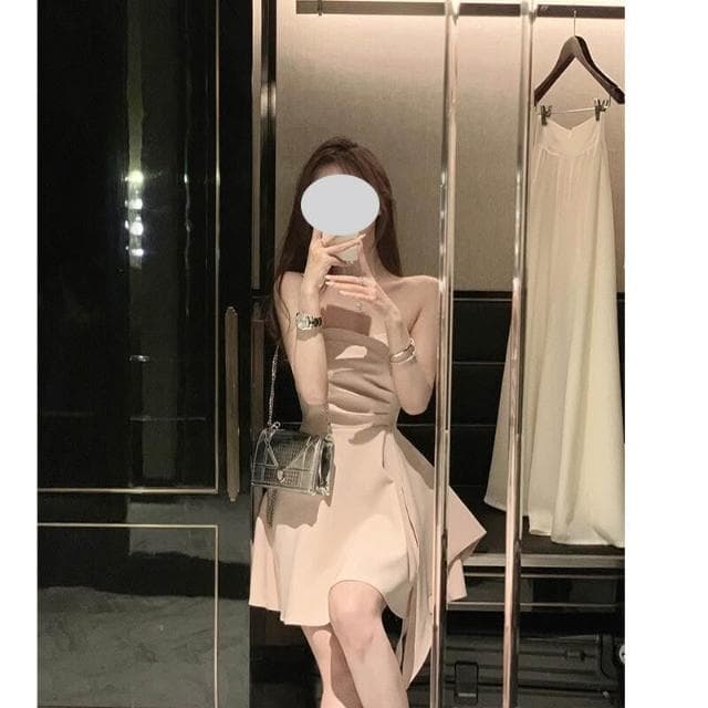 新款生日小禮服溫柔風粉色不規則下擺收腰性感短裙抹胸連衣裙女