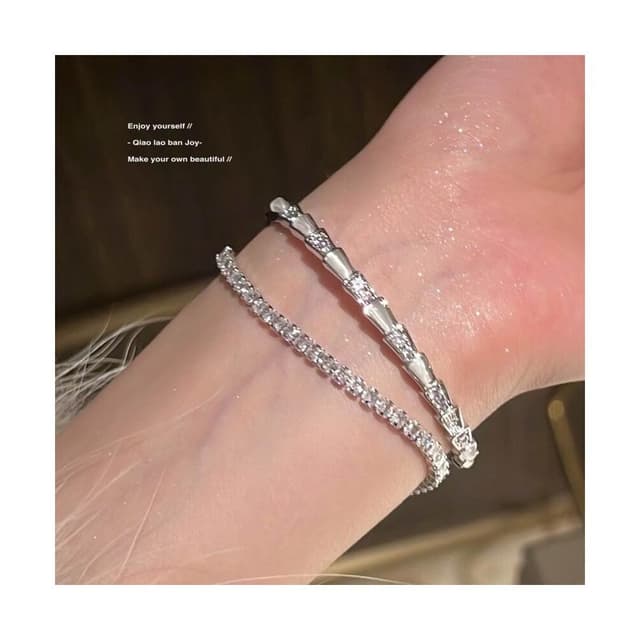手鏈钛鋼貝母靈蛇形蛇骨手镯閃鉆質感手鏈锆石ins輕奢開口銀色大方氣質日常派對約會手鏈輕盈手鏈手環手串手飾簡約百搭高級感