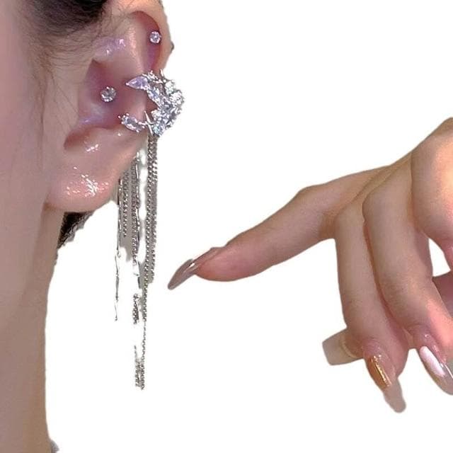 耳環锆石芒星月亮耳環女流蘇無耳洞耳夾氣質長款冷淡風月神降臨仙氣耳看不膩超閃耳環耳飾飾品不褪色百搭禮物輕盈精緻輕奢高級韓國