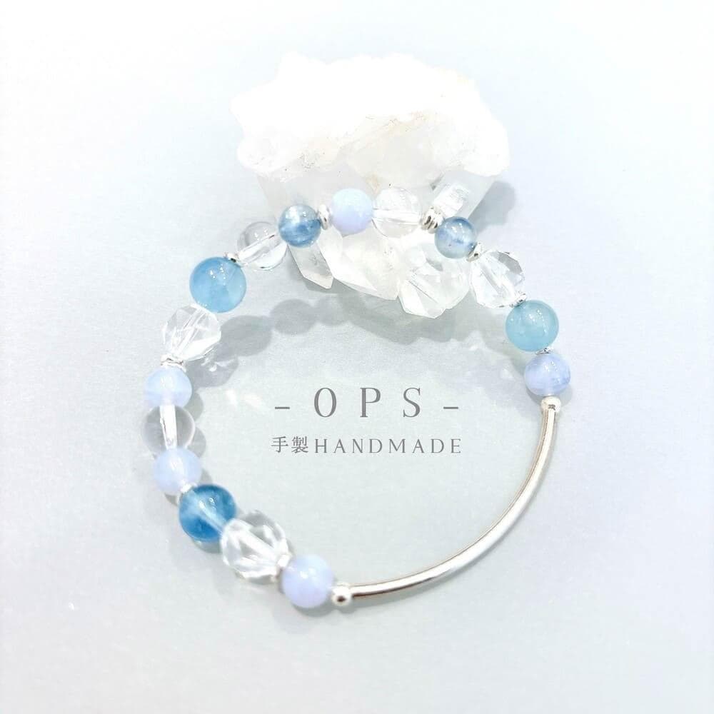 【Ops】手工飾品設計-藍晶石/海水藍寶/藍紋瑪瑙/白水晶/銀管/溝通/療癒/幸運/手鍊