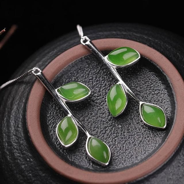 【MoonDy】樹葉吊墜耳環 和田玉配飾 碧玉耳環 純銀飾品 天然玉石 長款耳飾 古風耳環