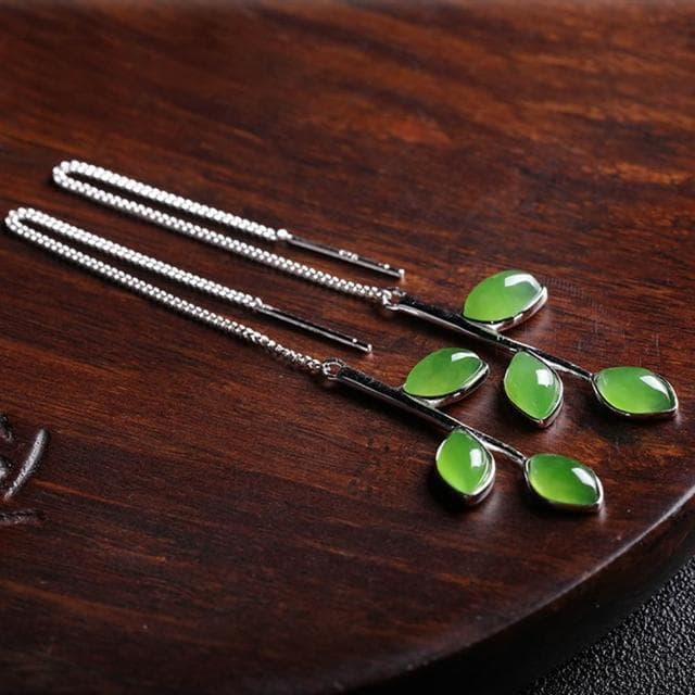 【MoonDy】樹葉吊墜耳環 和田玉配飾 碧玉耳環 純銀飾品 天然玉石 長款耳飾 古風耳環