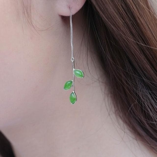 【MoonDy】樹葉吊墜耳環 和田玉配飾 碧玉耳環 純銀飾品 天然玉石 長款耳飾 古風耳環