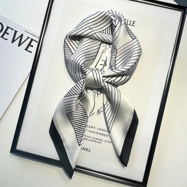 梵花 黑白條紋小方巾絲巾女頭巾春秋搭配襯衫職業裝飾護頸圍脖子薄圍巾