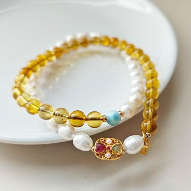 【Paiya 派亞】5.7MM淡水珍珠藍珀雙圈手串手鏈