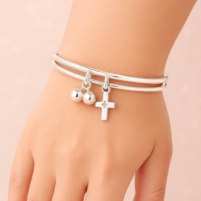 【珠兒綠】999純銀幸福十字架搖鈴手鐲 嬰兒|兒童|成人尺寸 純銀手鐲 彌月禮物 周歲禮物 新年禮物