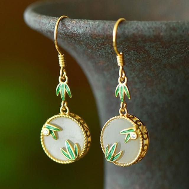 【MoonDy】竹葉琺瑯耳飾 鈎型耳環 和田玉耳環 純銀飾品 女生飾品 復古銀飾 吊墜耳環 新中式配飾