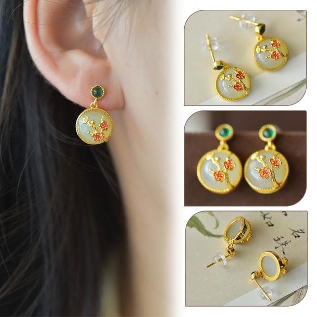【MoonDy】梅花耳環 白玉飾品 耳釘耳環 純銀耳環 吊墜耳環 和田玉飾品 女生飾品 天然玉石 復古耳飾