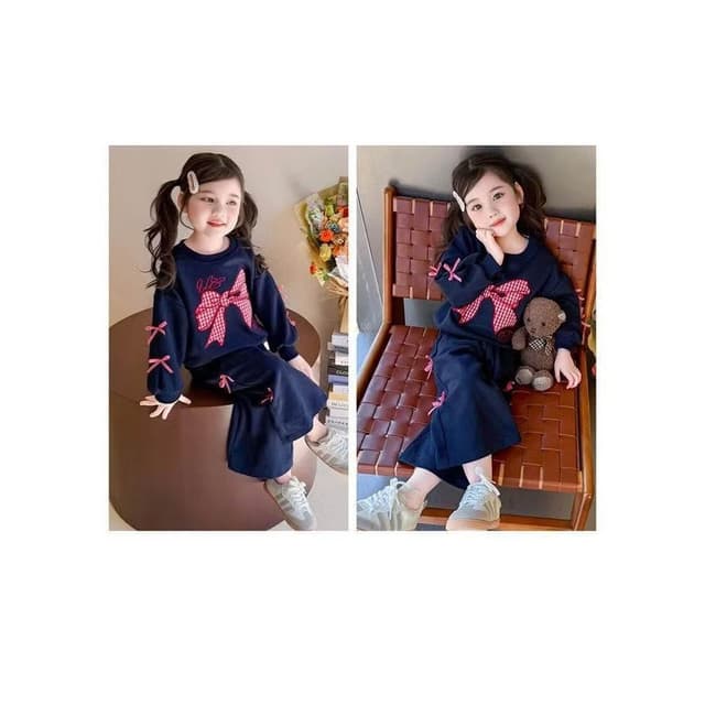 【Arbea】女寶寶春秋套裝新款兒童洋氣蝴蝶結衛衣甜美闊腿褲女孩兩件套【C1267】