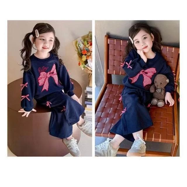 【Arbea】女寶寶春秋套裝新款兒童洋氣蝴蝶結衛衣甜美闊腿褲女孩兩件套【C1267】