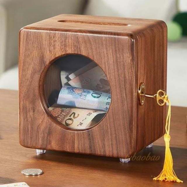 紙幣儲蓄罐 實木存錢箱 理財箱 中式存錢罐 零錢儲蓄罐 家居裝飾 創意擺件 帶鎖存錢罐 生日禮物 零