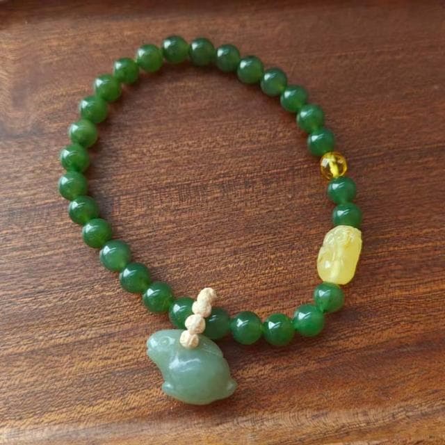 【Paiya 派亞】天然6MM和田玉碧玉小兔子蜜蠟貔貅金珀手鏈手串