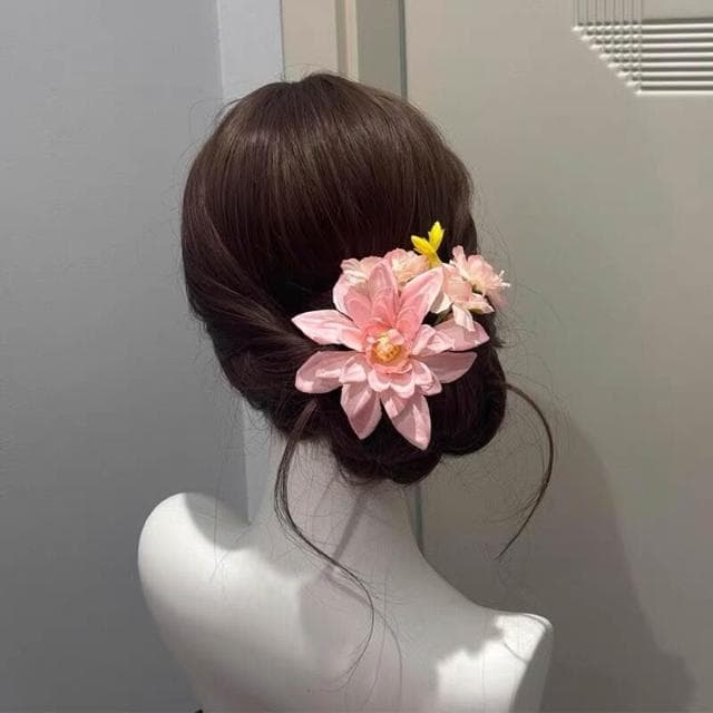 髮飾髮夾中式溫柔粉色花朵發夾盤發丸子頭簪花夾氛圍感發飾側邊髮飾飾品髮夾一字夾( 聖誕節 生日 髮飾 頭飾  髮夾 禮物)