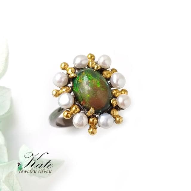 【KATE】銀飾 手工珠寶天然黑蛋白石珍珠純銀戒指 蛋白石戒指 十月生日石 澳寶戒指 #14生日禮物 情人禮物