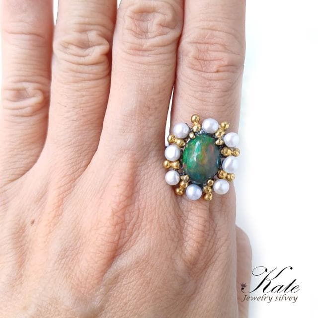 【KATE】銀飾 手工珠寶天然黑蛋白石珍珠純銀戒指 蛋白石戒指 十月生日石 澳寶戒指 #14生日禮物 情人禮物