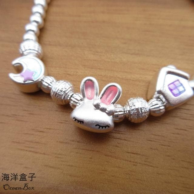 【海洋盒子】童趣小兔子光珠S999足銀純銀手鍊.彈性手圍(附贈禮盒.拭銀布)