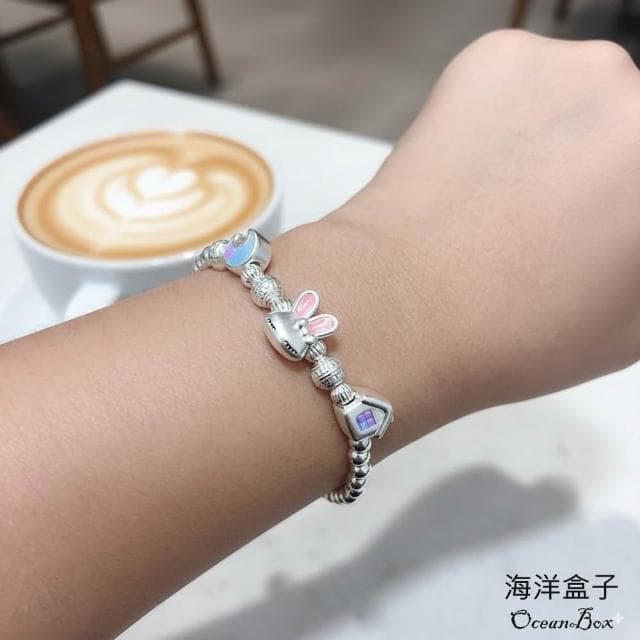 【海洋盒子】童趣小兔子光珠S999足銀純銀手鍊.彈性手圍(附贈禮盒.拭銀布)
