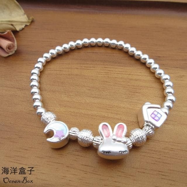【海洋盒子】童趣小兔子光珠S999足銀純銀手鍊.彈性手圍(附贈禮盒.拭銀布)