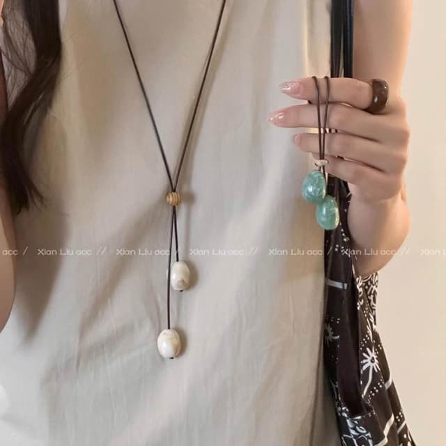 項鏈 綠色木質圓珠長款項鏈吊墜繩女款森系設計毛衣鏈小眾掛脖配飾 項鍊女珍珠項鍊時尚百搭吊墜項鍊長項鍊飾品毛衣鍊生日禮物