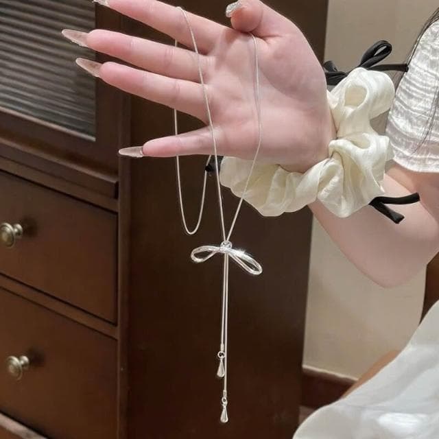 項鏈銀色長款抽拉蝴蝶結流蘇項鏈女2025新款潮氣質百搭設計感鎖骨鏈項鍊女珍珠項鍊時尚百搭吊墜項鍊長項鍊飾品毛衣鍊生日禮物