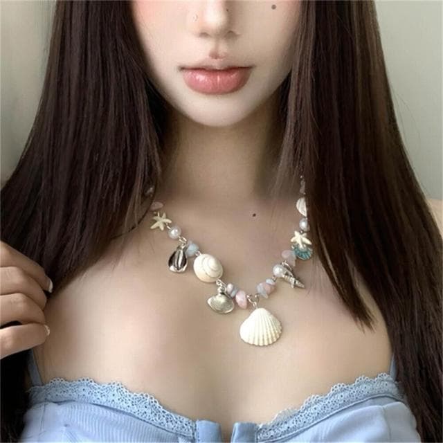 項鏈海邊度假風仿珍珠貝殼海星海螺圓形項鏈個性小眾氣質高級感項飾女 項鍊女珍珠項鍊時尚百搭吊墜項鍊長項鍊飾品毛衣鍊生日禮物