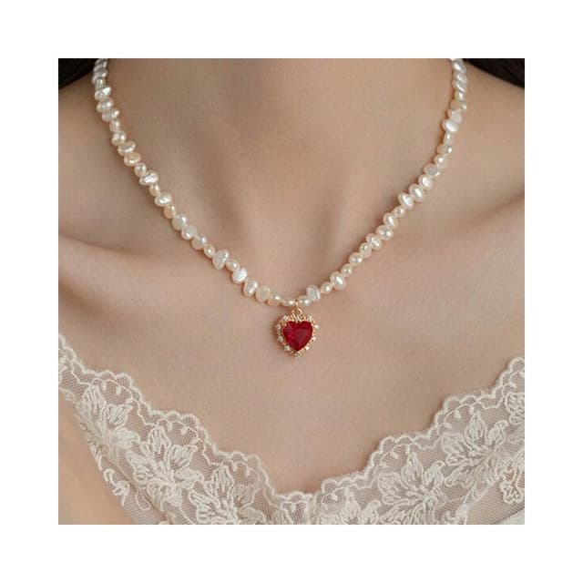 項鏈法式宮廷少女紅水鉆包邊愛心吊墜珍珠項鏈小眾設計鎖骨鏈 項鍊女珍珠項鍊時尚百搭吊墜項鍊長項鍊飾品毛衣鍊生日禮物