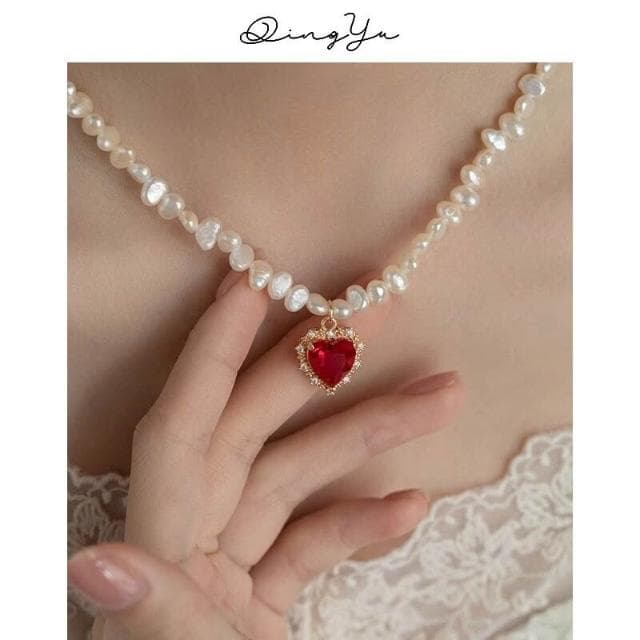 項鏈法式宮廷少女紅水鉆包邊愛心吊墜珍珠項鏈小眾設計鎖骨鏈 項鍊女珍珠項鍊時尚百搭吊墜項鍊長項鍊飾品毛衣鍊生日禮物