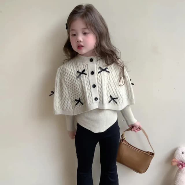 【Arbea】秋季女童韓版蝴蝶結斗篷毛衣兒童洋氣針織衫外套上衣童裝套裝【C1277】