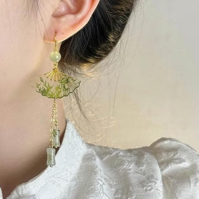 耳環新中式折扇青竹耳環國風透明女小眾古風漢服竹節耳墜新款耳飾輕盈精緻輕奢高級韓國不過敏看不膩耳環耳飾飾品配禮服百搭禮物