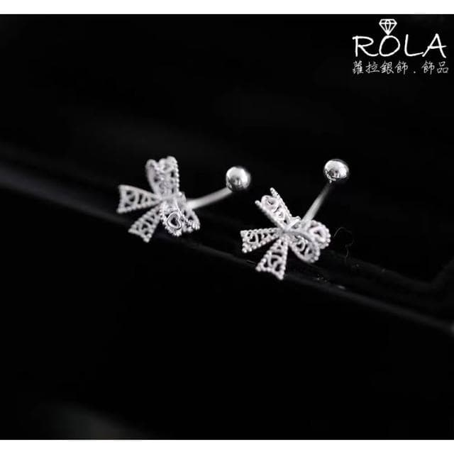 ROLA蘿拉銀飾.飾品 “現貨當天出” //一對價// 鏤空蝴蝶結C形999足銀旋轉螺旋轉珠鎖珠耳針 蝴蝶結.