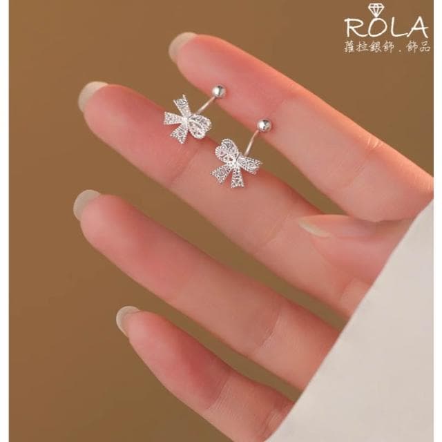 ROLA蘿拉銀飾.飾品 “現貨當天出” //一對價// 鏤空蝴蝶結C形999足銀旋轉螺旋轉珠鎖珠耳針 蝴蝶結.