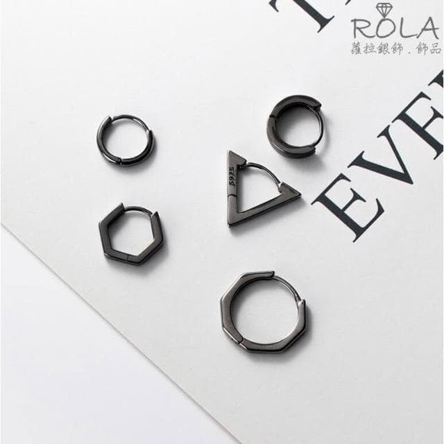 ROLA蘿拉銀飾.飾品 “現貨當天出”  黑色幾何造型925純銀耳針扣耳扣圈圈耳扣 幾何`