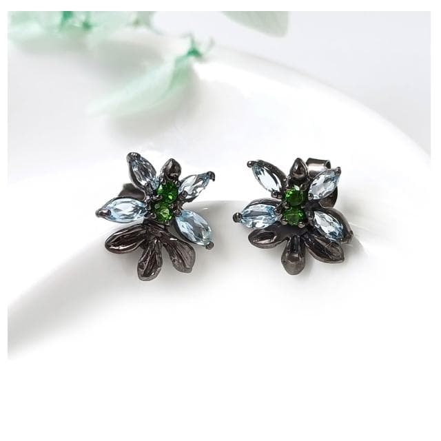 【KATE】銀飾 古典花朵天然拓帕石沙佛萊純銀耳環 手工耳環 針式耳環 拓帕石耳環 手工珠寶款 11月生日石 生日禮物 情人禮物