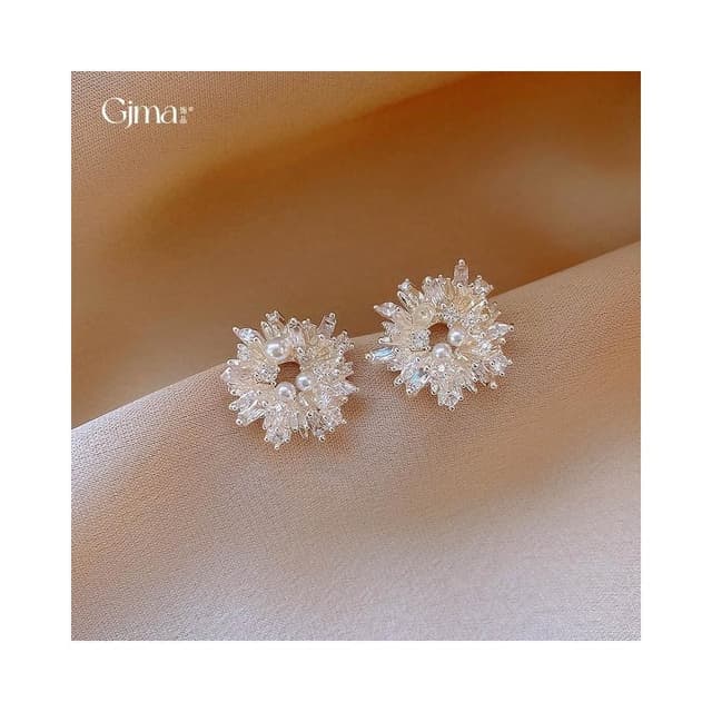 Miss Si【現貨速發】絢爛皓石珍珠煙花銀針圓形花朵耳環 璀璨煙花太陽花耳針 超閃精緻小眾輕奢風鋯石珍珠時尚高級感耳飾