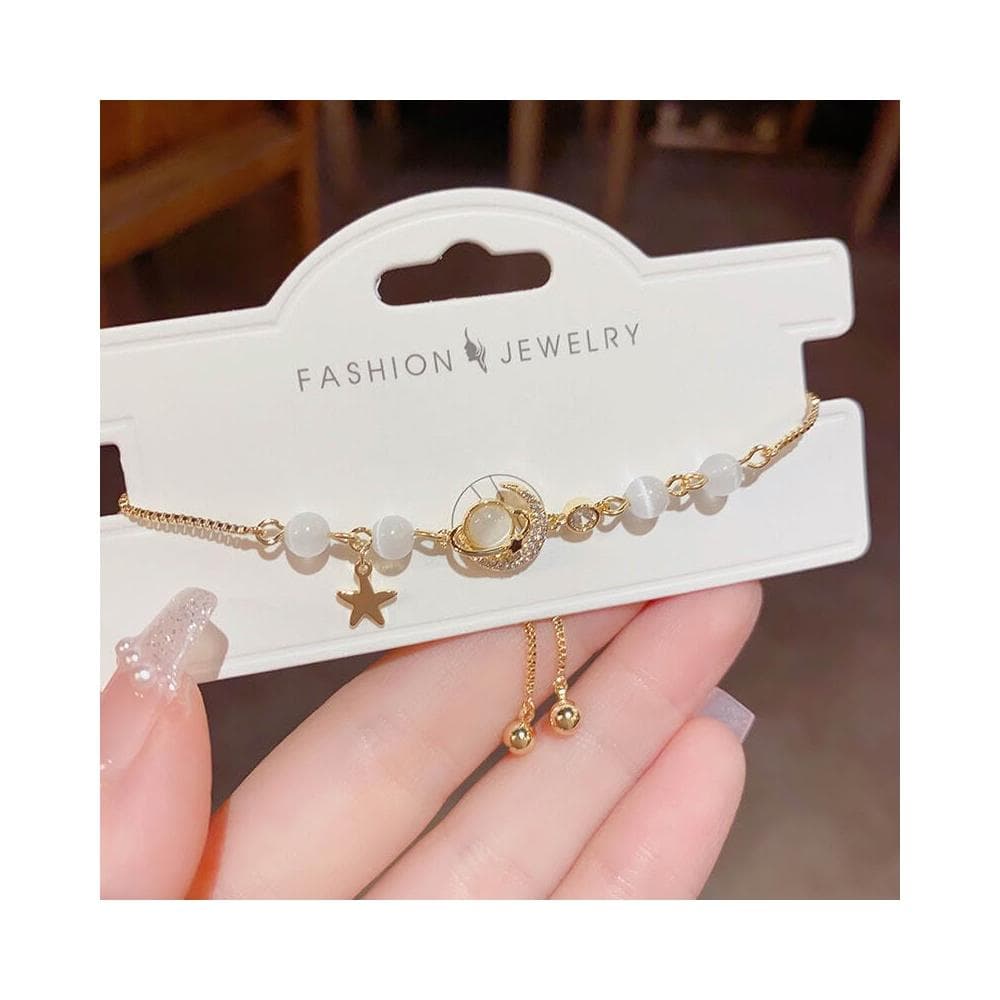 手鍊甜美冷淡風星球月亮貓眼石抽拉式手鏈女 時尚高級感手環 手鏈時尚百搭手鏈手環手鐲可調整大小精緻甜美手鍊情侶手繩送禮禮物