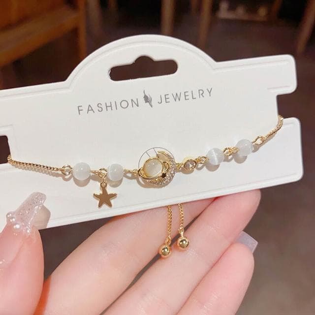 手鍊甜美冷淡風星球月亮貓眼石抽拉式手鏈女 時尚高級感手環 手鏈時尚百搭手鏈手環手鐲可調整大小精緻甜美手鍊情侶手繩送禮禮物