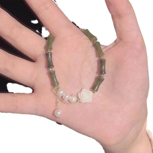 手鍊玫瑰與你新中式橄榄綠竹節手鏈女珍珠流蘇氣質高顏值手飾手鏈時尚百搭手鏈手環手鐲可調整大小精緻甜美手鍊情侶手繩送禮禮物
