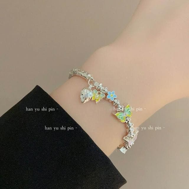 手鍊新中式琺瑯滴油蝴蝶手镯夏季新款甜美彩色花朵半镯手鏈女手鏈時尚百搭手鏈手環手鐲可調整大小精緻甜美手鍊情侶手繩送禮禮物