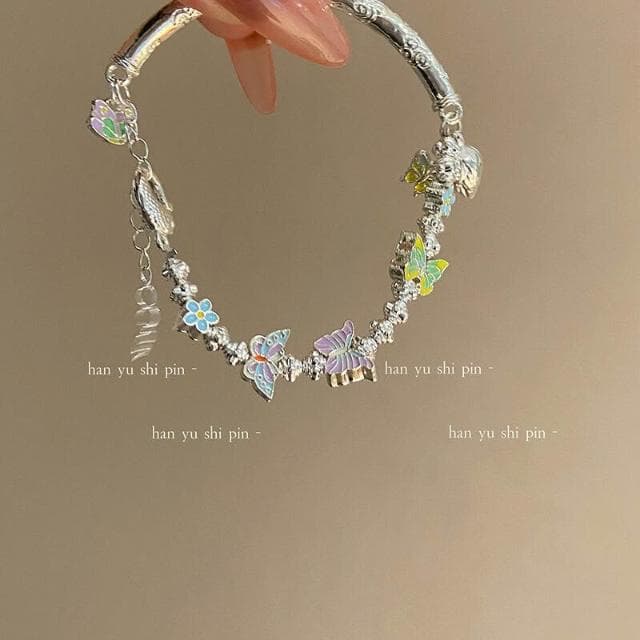 手鍊新中式琺瑯滴油蝴蝶手镯夏季新款甜美彩色花朵半镯手鏈女手鏈時尚百搭手鏈手環手鐲可調整大小精緻甜美手鍊情侶手繩送禮禮物