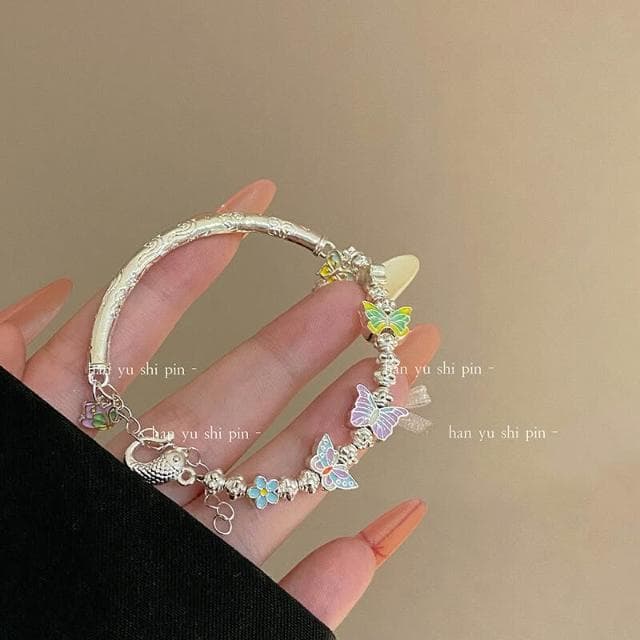 手鍊新中式琺瑯滴油蝴蝶手镯夏季新款甜美彩色花朵半镯手鏈女手鏈時尚百搭手鏈手環手鐲可調整大小精緻甜美手鍊情侶手繩送禮禮物